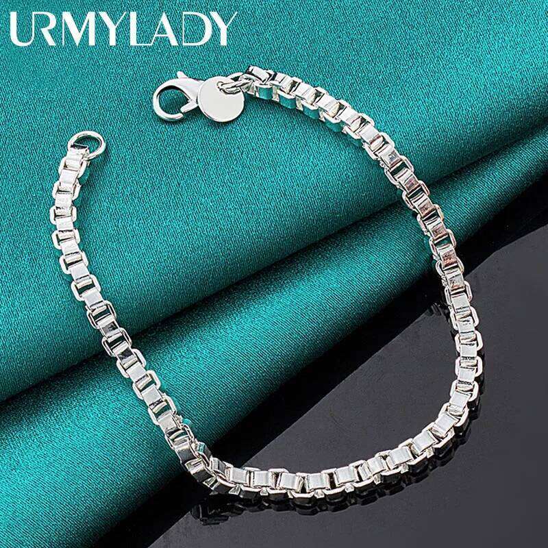 URMYLADY 925 Sterling Silver 4mm Box Chain Bracelet For Men Women Wedding Party Charm Jewelry Z260313
