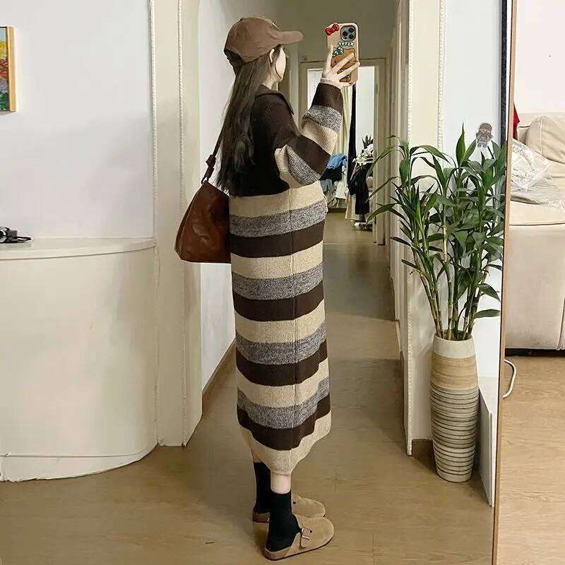 Striped Knit Dress For Women Long Sleeve Polo Neck Loose Fit Mid Calf Length Casual Style Autumn Winter Wear Z260314