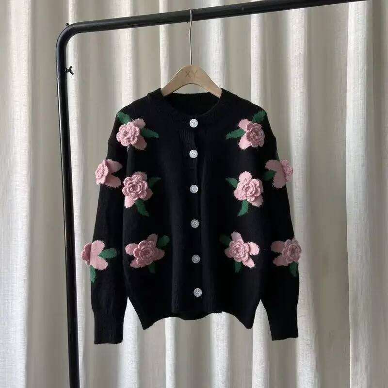 Casual 2023 Women Sweater Loose Outer Coat Long Sleeve 3D Flower Round Neck Knitted Cardigan Female Z260313