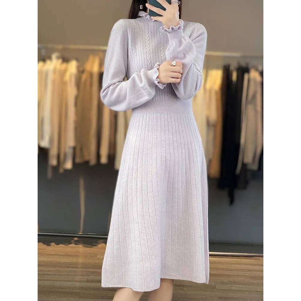 100% Merino Wool Women's Pullover Dress With Fungus Collar Autumn Winter Casual Fashion Knitted Cashmere Long Skirt Z260313