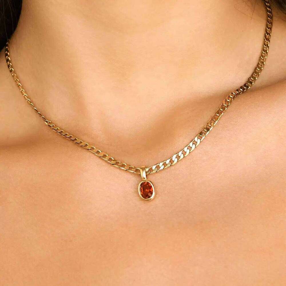 Dainty Stainless Steel Oval Multi-color Natural Stone Pendant Necklace for Women 18k Gold Plated Cuban Chain Necklaces Jewelry H260312