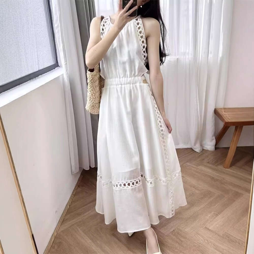 Designer French vacation style white linen hollow lace crochet sleeveless off shoulder off shoulder summer outfit