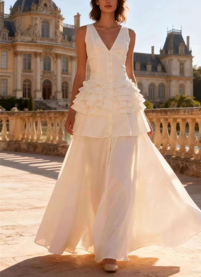 2026 Spring/Summer Goddess Style Sleeveless V-neck Ruffle Solid Color Long Vacation Dress in Multiple Colors