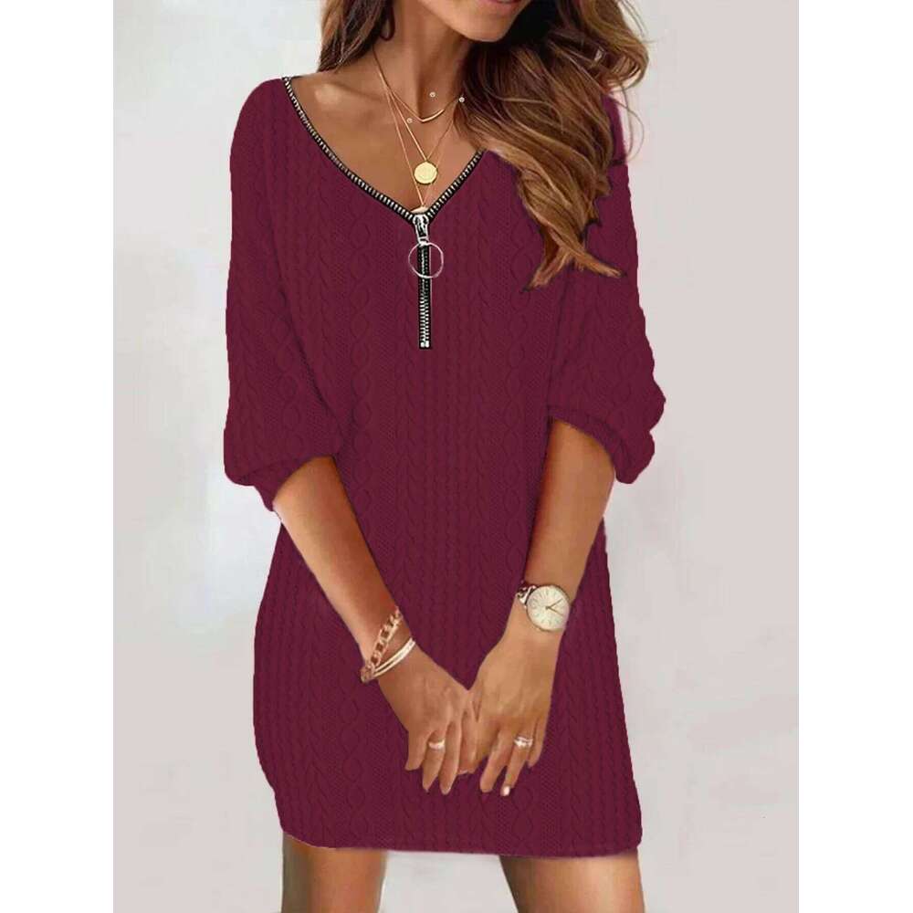 Sexy Zipper Mini Dress Women Winter Autumn V Neck Long Sleeve Dresses Solid Color Casual Basic Robe Z260314