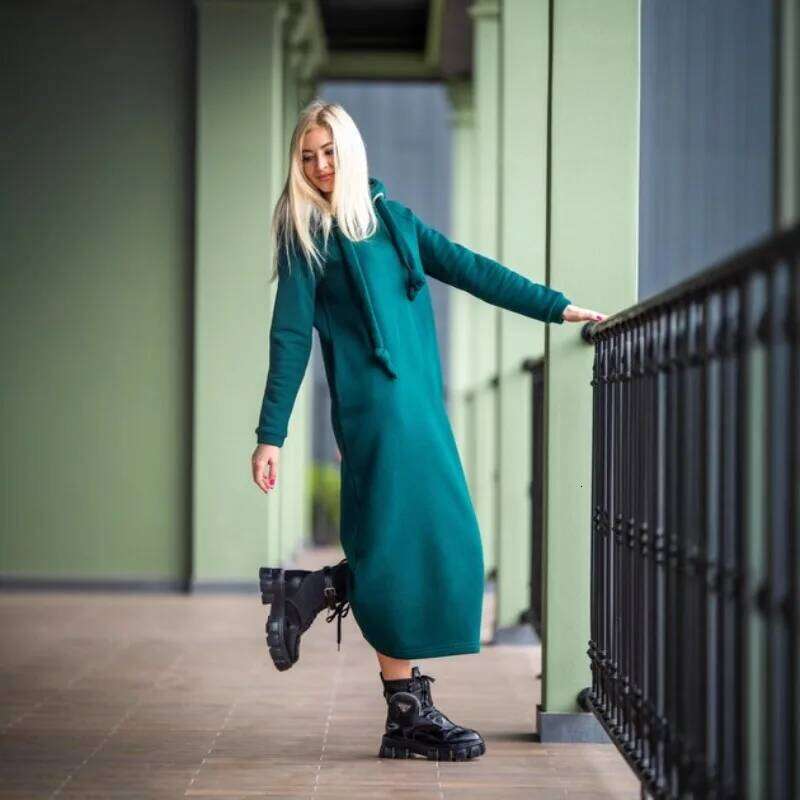 Women Fashion Autumn Winter New Loose Large Knitted Hooded Long Velvet Hoodie Casual Splicing Warm Dress Z260314