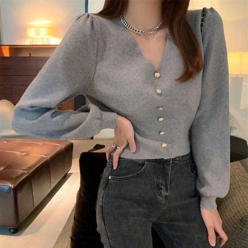 Elegant Women V Neck Knitted Sweater New Autumn Winter Long Sleeve Buttons Short Tops Ladies Pullover Casual Sweaters Clothes Z260314