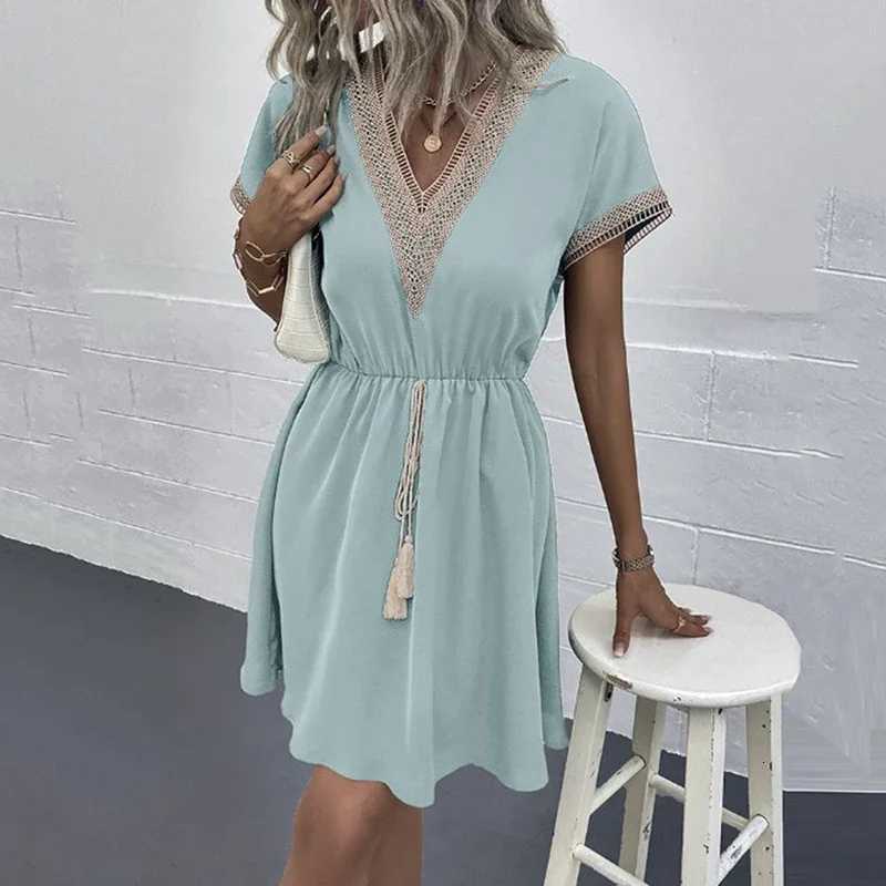 Summer Solid Short Sleeve Lace V Neck Waistband Female Beach Midi Short Dress Elegant Womens Sweet White Solid Color DressesT260314