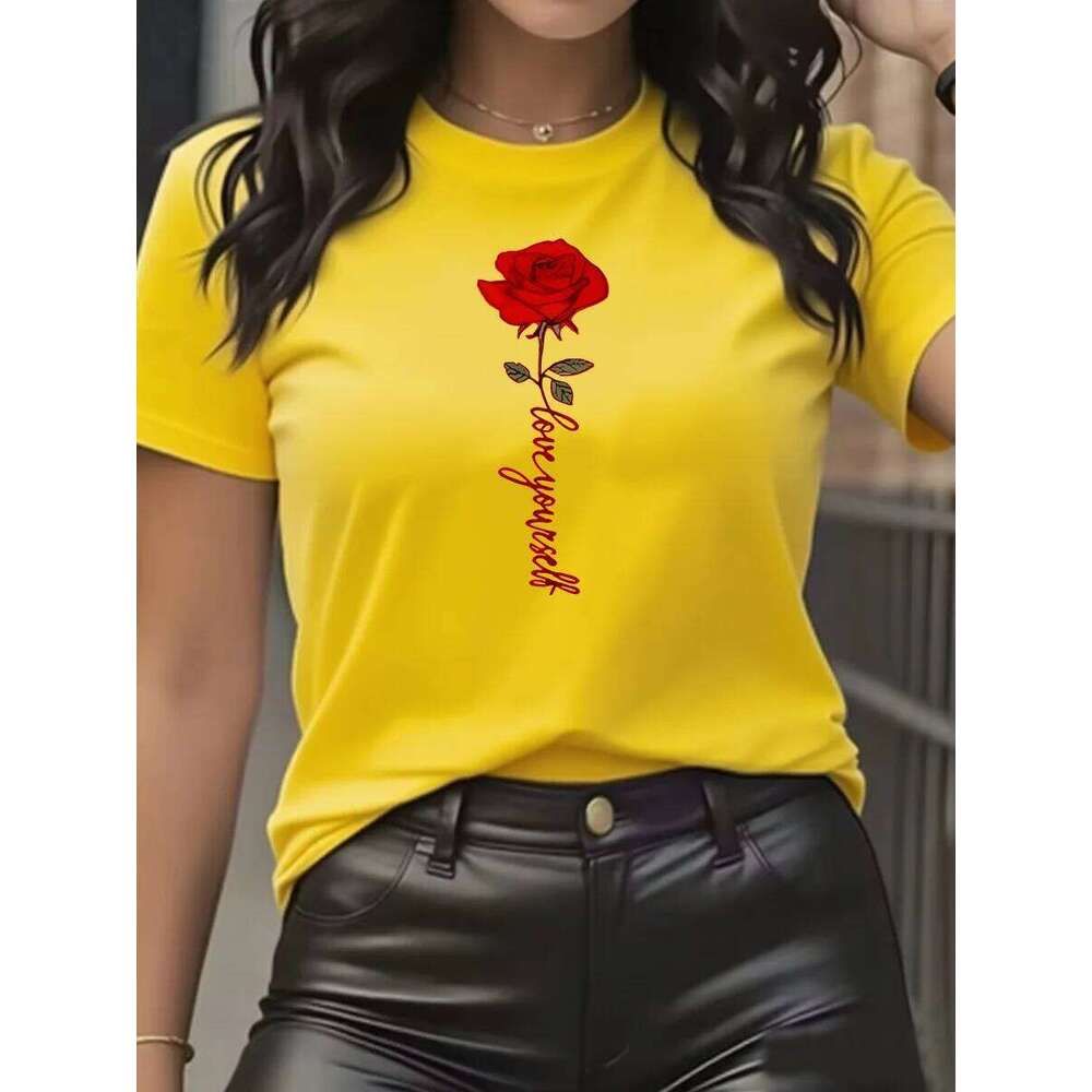 Women's short-sleeved T-shirt, 100% cotton, with red rose print, suitable for spring and summer casual wear. Z260314