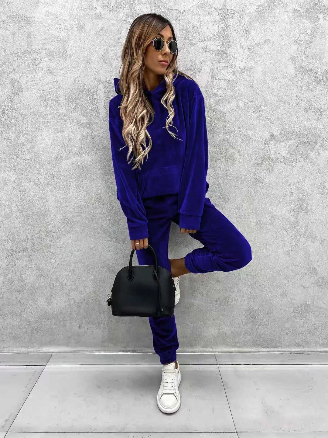 New casual womens suit solid color hooded sweatpants fall 2 piece set comfortable suede womens clothing corset trousers sets M260313