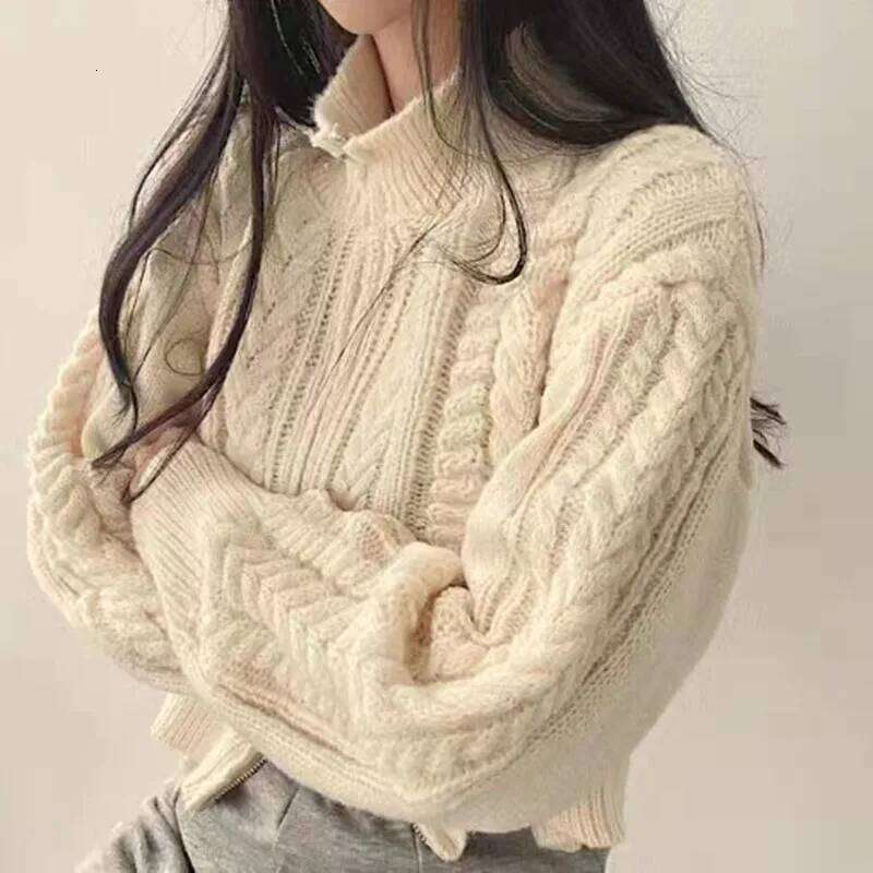Twists Knit Short Coat Long Sleeve Zipper Sweater Casual Women Cardigan Vintage Winter Korean Chic Elegant 2024 Lady Trend Top Z260313