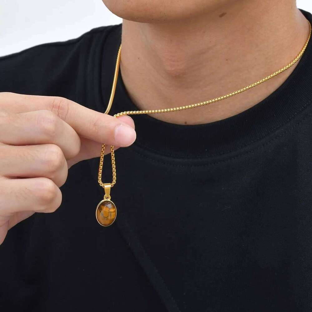 Vnox Trendy Natural Stone Geometric Pendant Necklace for Men, Stainless Steel Gold Color Box Chain Collar, Fashion Charm Jewelry H260312