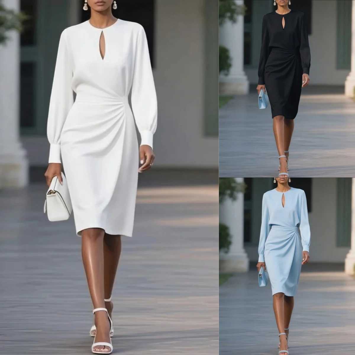 Elegant Woman Dress O Neck Hollow Out Long Sleeve Office Dress Women Slim A-Line Party Long DressesT260316