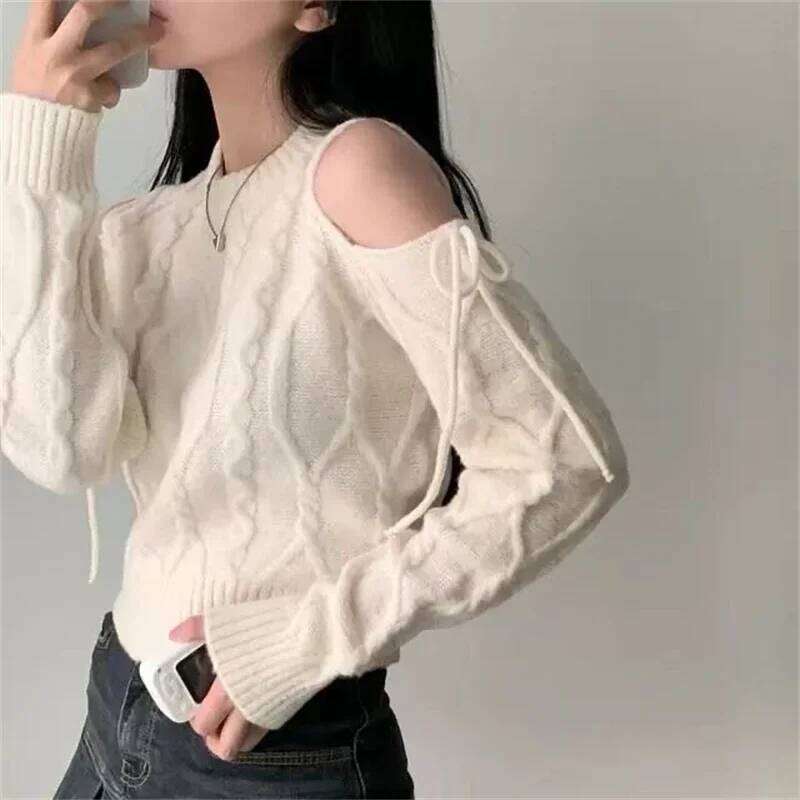Casual O Neck Long Sleeve Knitted Tops Y2k Off Shoulder Pullover Elegant Solid Sweater Autumn Winter Korean Lace Up Knitwear Z260313