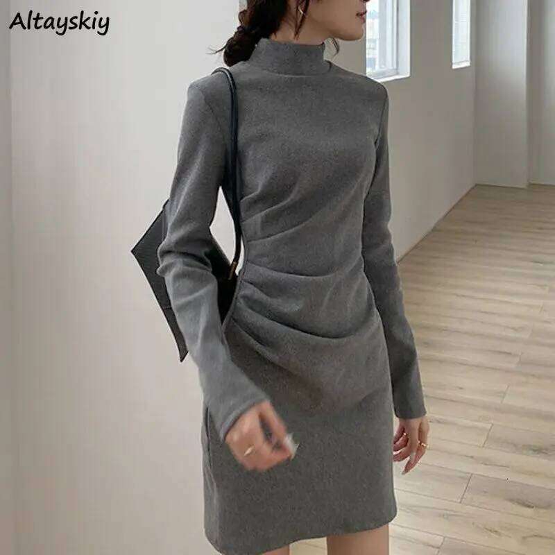 Women Turtleneck Dress Autumn Winter Long Sleeve Bottoming Slender Dresses Elegant Ladies Folds Fashion Solid Simple Vestidos OL Z260314