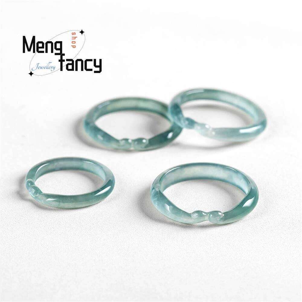 Natural A-goods Jadeite Blue Water Ruyi Tightrope Three-dimensional carving Ice Jade Ring Personalized Exquisite Fashion Jewelry H260312