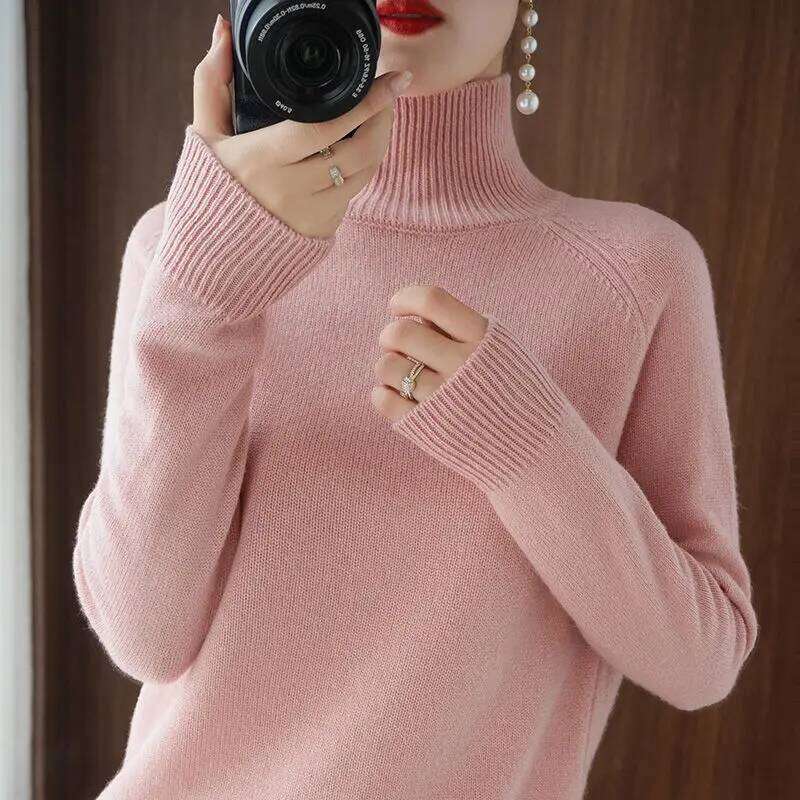 Women's Turtleneck Cashmere Sweater, Casual Loose Pullover, Long-sleeved, Hedging Base, Monochromatic, Fall, Winter, 2023 Z260313