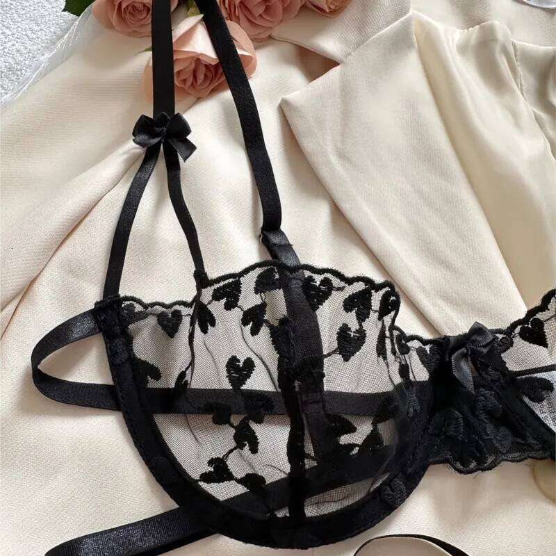 Exotic Fantasy Lingerie Underwire Bra Strap Panties 2Piece Sheer Mesh Embroidery Underwear for Women