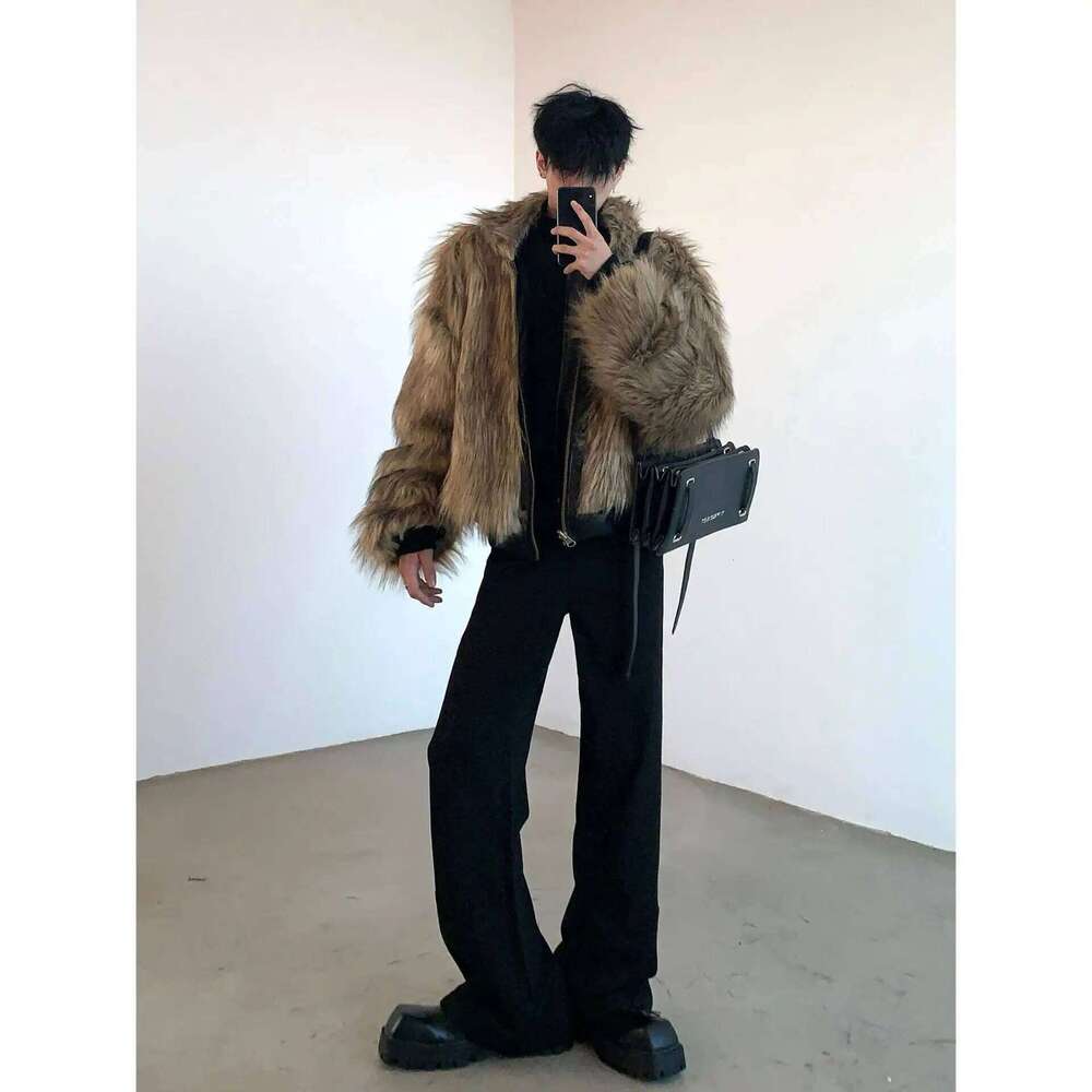 Men Faux Fur Jacket Coat Pu Leather 2025 Winter Thick Warm Outerwear Spliced Hooded Zipper Pockets Vintage High Street Overcoat Z260313