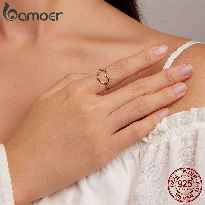 BAMOER 925 Sterling Silver Hollowed Heart Finger Rings Geometric Jewelry for Women Wedding Engagement Minimalist Statement Gift H260312