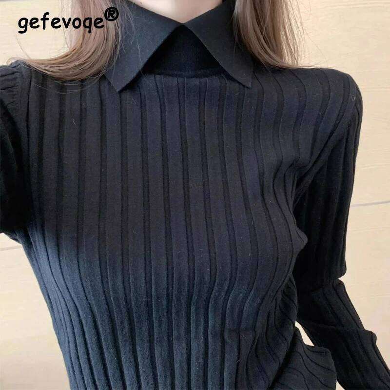 Women Korean Fashion Elegant Polo Collar Ribbed Knitted Sweater Autumn Winter Solid Long Sleeve Slim Pullover Tops Basic Jumper Z260313
