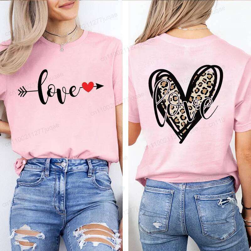 Leopard Shirt T-Shirt Xmas for T Shirts Retro Valentine Heart T-Shirts Casual Short Sleeve Tshirt Women Pink Clothes Z260314