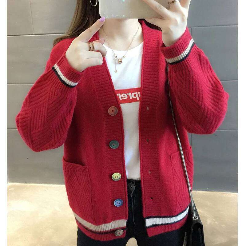Fashion V Neck Loose Cardigan Sweater Women Casual Knitted Jackets 2025 Autumn Winter Pocket New Korean Version Buttons Clothing Z260313