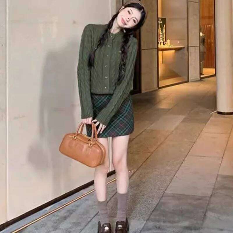 Knitted Cardigan Women Green Soft Vintage Sweaters Coats Tender Korean Fashion Daily High Street Girlish Autumn Z260313