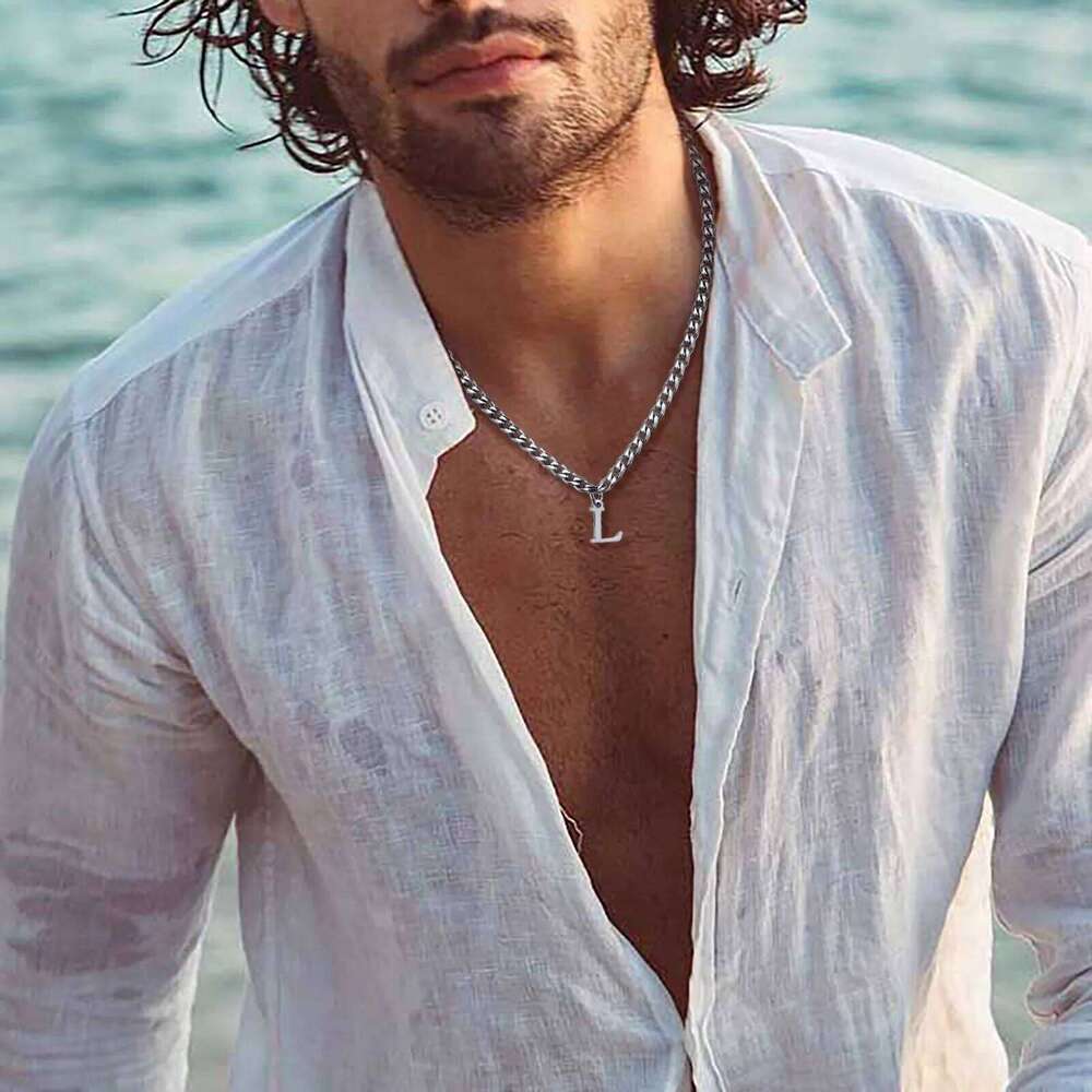 Vnox Simple A-Z Letter Necklace Men Women, Waterproof Stainless Steel Cuban Chain Necklace, Jewelry Gift for Him H260312