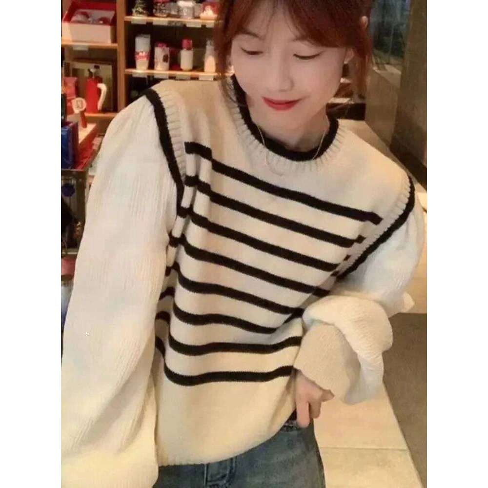 2025 Women Black and White Striped Fake Two-Piece Knitted Sweaters Autumn Winter Korean Soft Glutinous Pullover Sweater Female Z260313