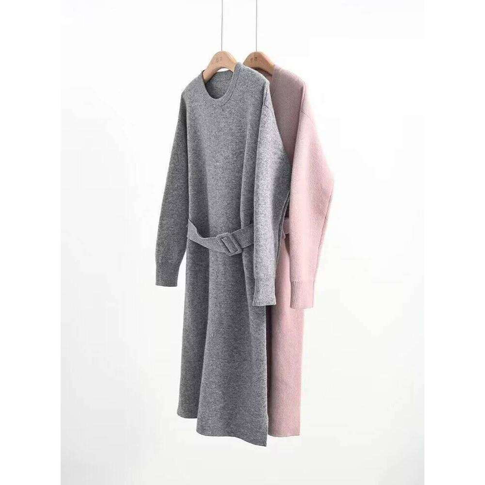 Autumn Winter Knitted 2023 O-Neck Long Sleeve Party Midi Dress for Women Elegant Pink Gray A-line Sweater Dresses Ladies Z260314