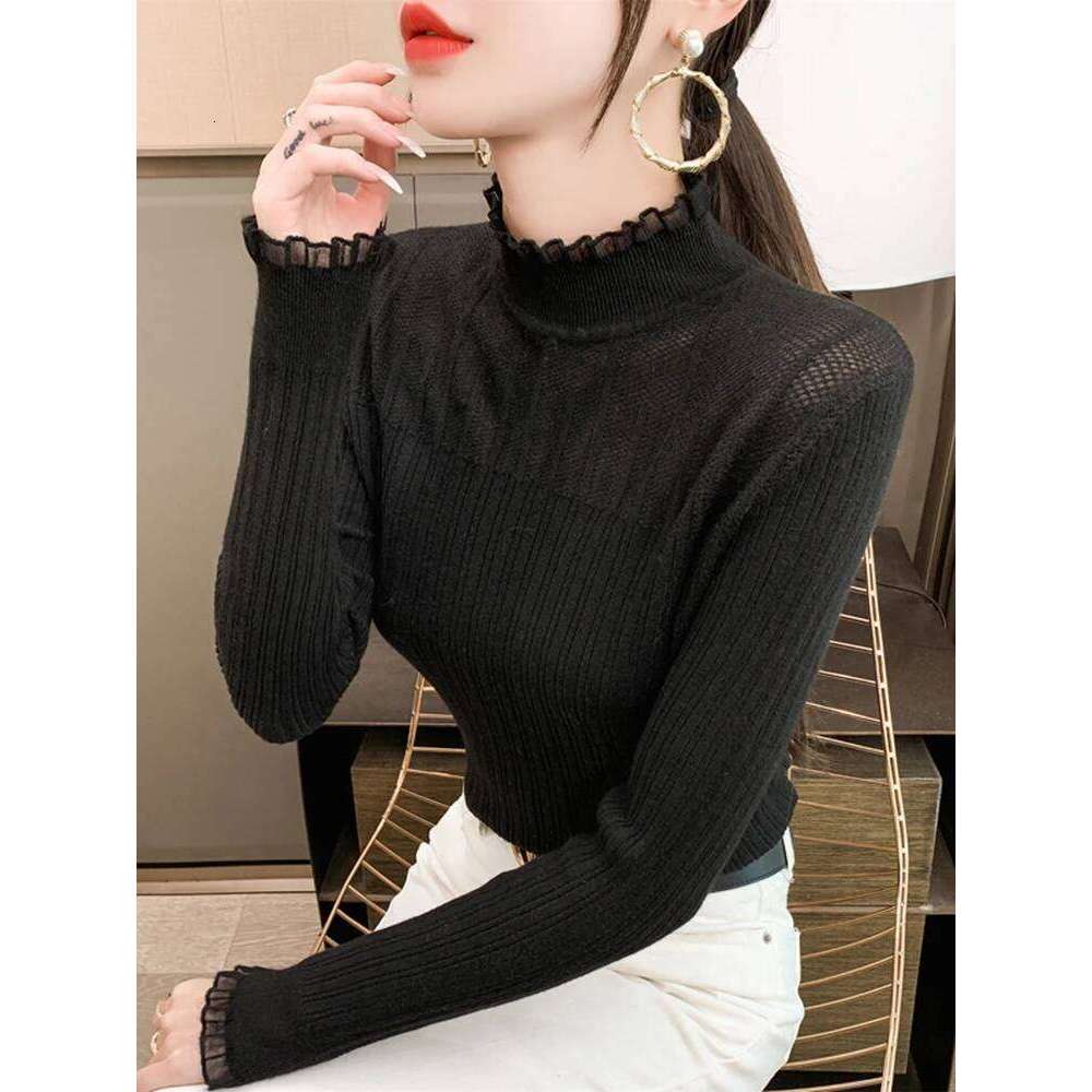 Lace Mock Neck Women Sweater Sexy See-through Knitwear Pullovers Jumper Autumn Winter Solid Soft Long Sleeve Sweaters Female Top Z260313