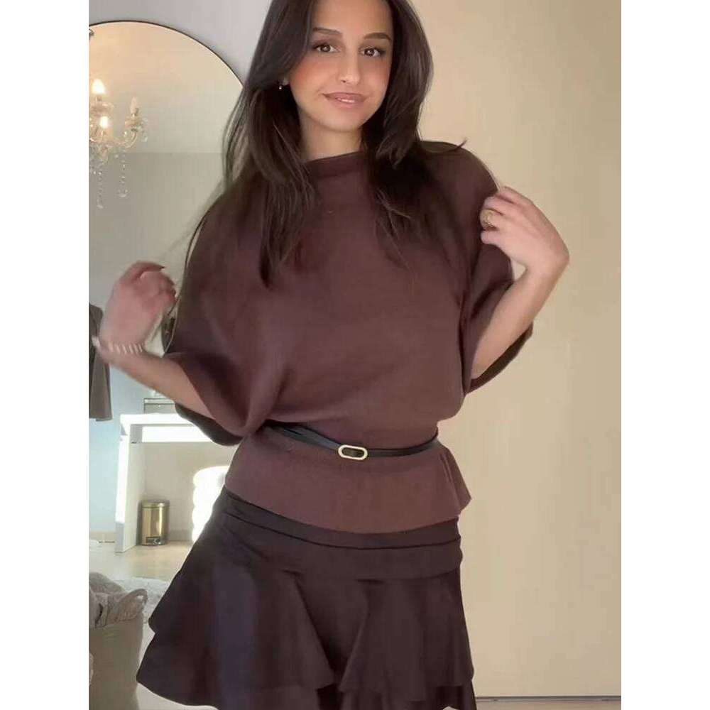 TFMLN Woman Autumn Fashion Pullovers Slash Collar Tierred Hem Design Belt Knitted Sweaters Casual Solid Short Sleeve Knitwear Z260313