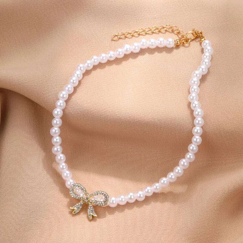 Y2k Bowknot Pearl For Women Elegant Korean Style Rhinestone Heart Pendant Necklace Fashion Wedding Party Jewelry Gift H260312