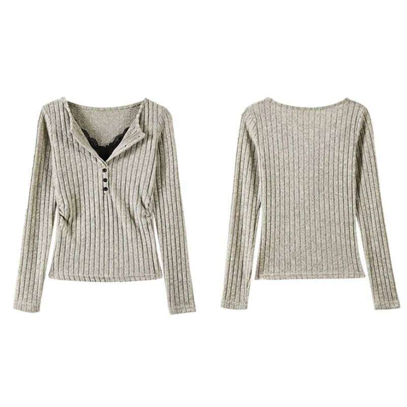 Vintage Y2K Lace Patchwork Sweater Women Korean Design Striped Knitted Jumpers Ladies Fashion Slim Elastic Bottoming Knitwear Z260313