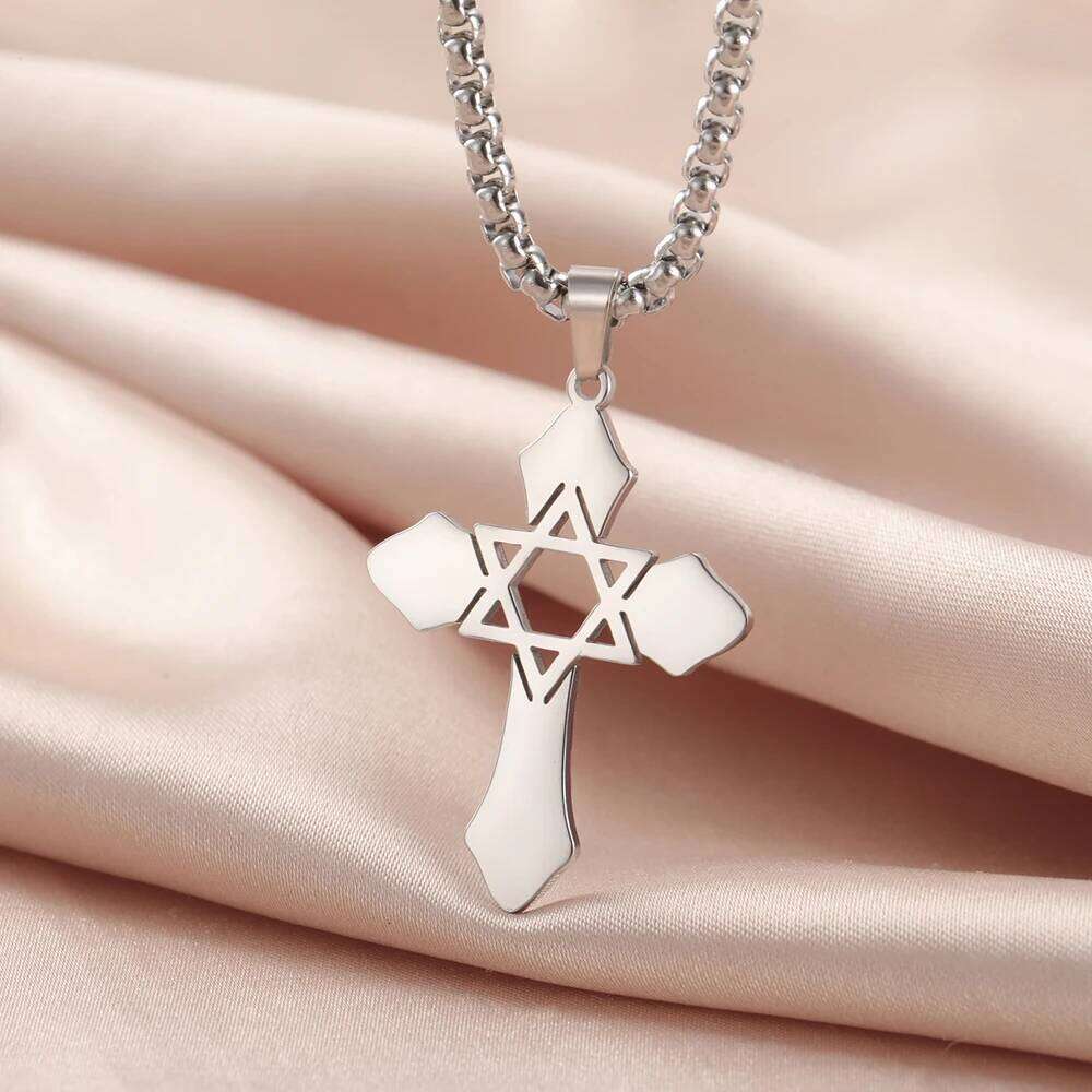 Dawapara Cross with Star of David Pendant Messianic Symbol Necklace Jewish Jewelry Protection Amulet Stainless Steel H260312