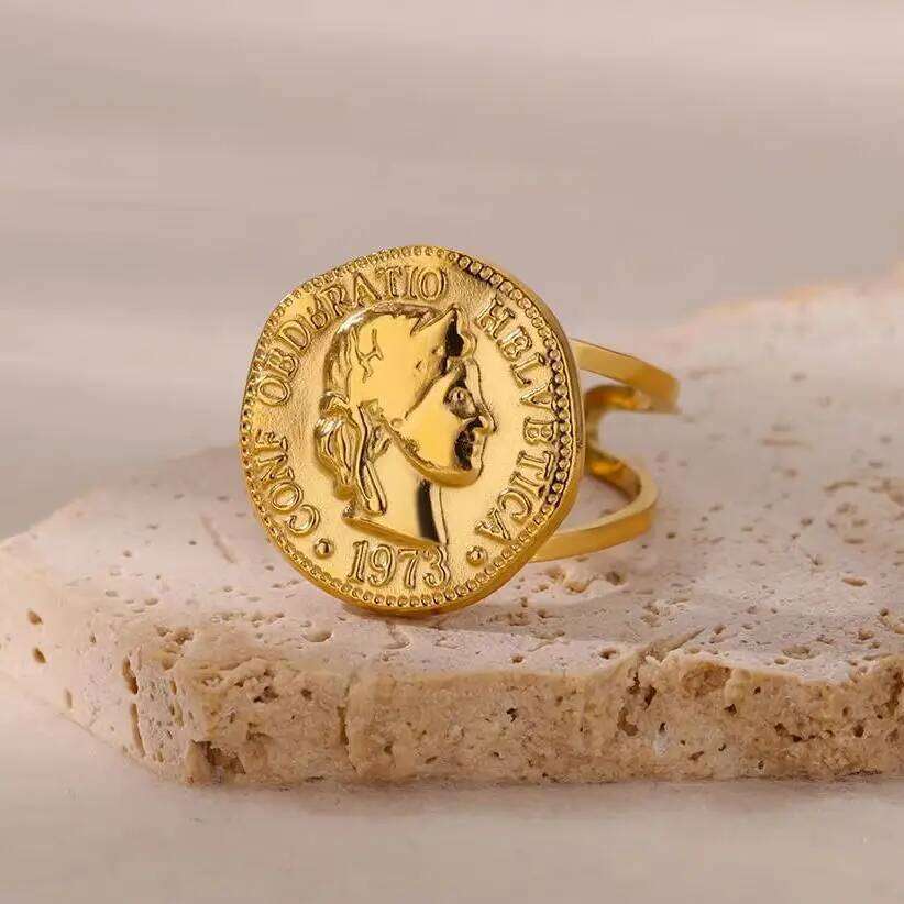 Stainless Steel Round Portrait Open Rings For Women Gold Color Adjustable Wedding Aesthetic Ring Party Fashion Jewerly Gift BFF H260312