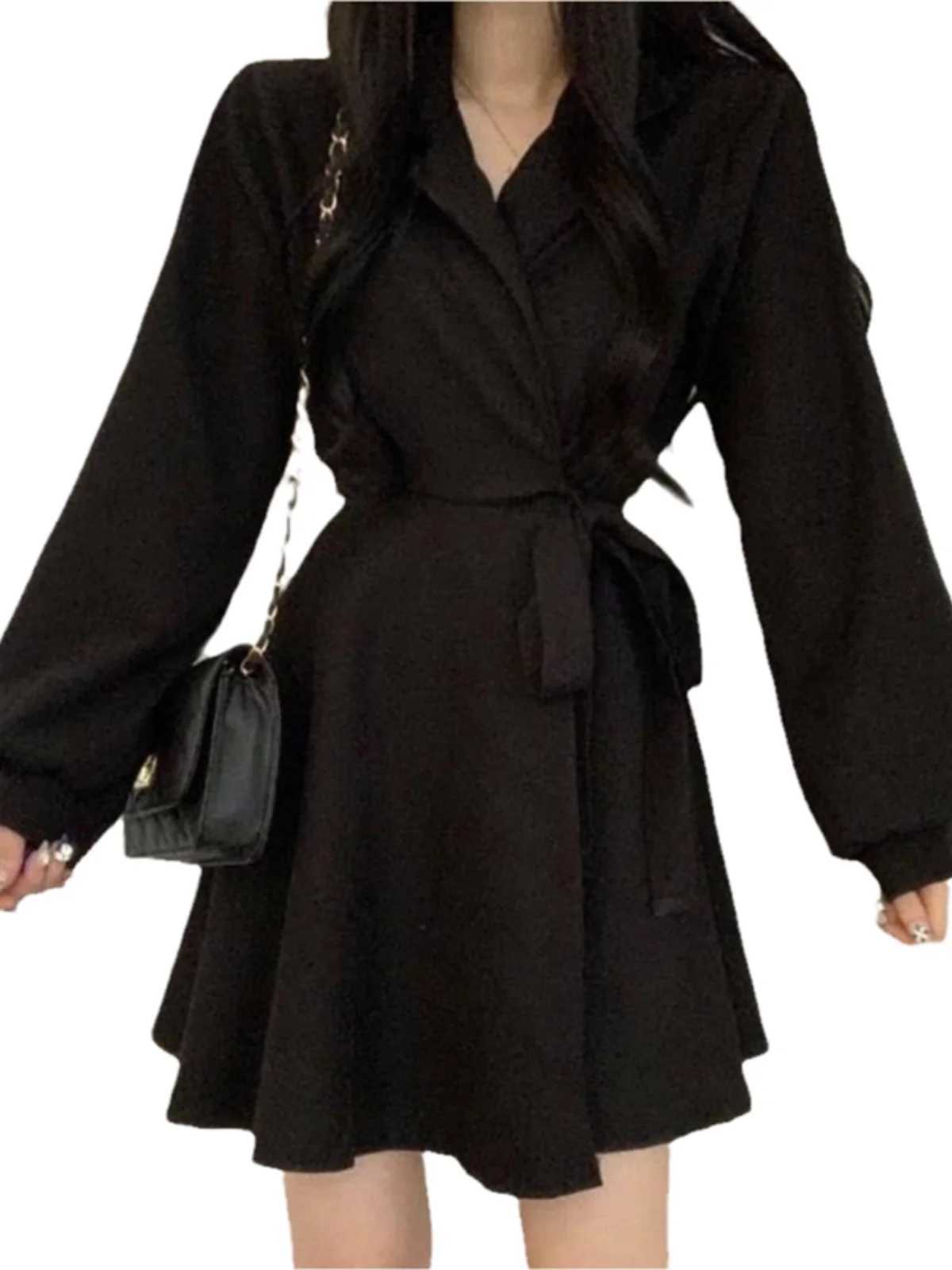 Bla Slimming Waist Gown Womens Faionable irt Dr Long Sve Autumn New Arrival A-Line Skirt V-Ne Casual SleT260314