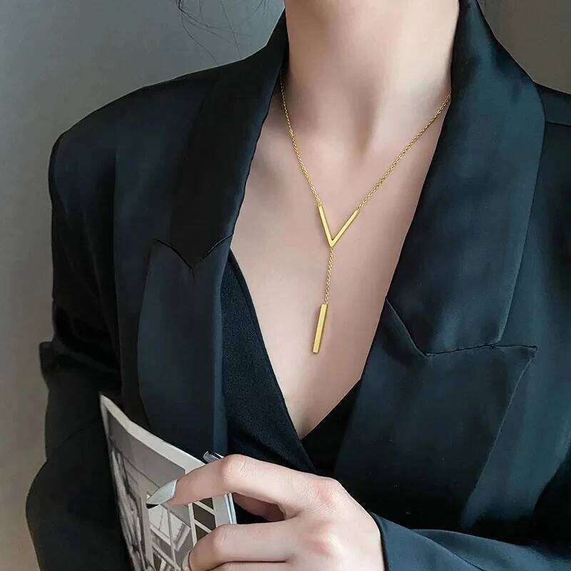Stainless Steel V Shape Stick Pendant for Women Ladies Dainty Long Chain Necklace Party Jewelry H260312