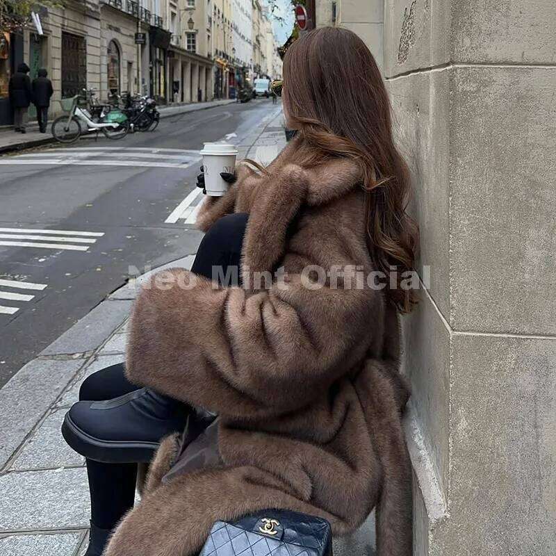 Neo Mint Luxury Long Belted Faux Mink Women 2025 Winter Thick Warm Overcoat Chic Street Fashion Fake Fur Coat Outerwear Z260313
