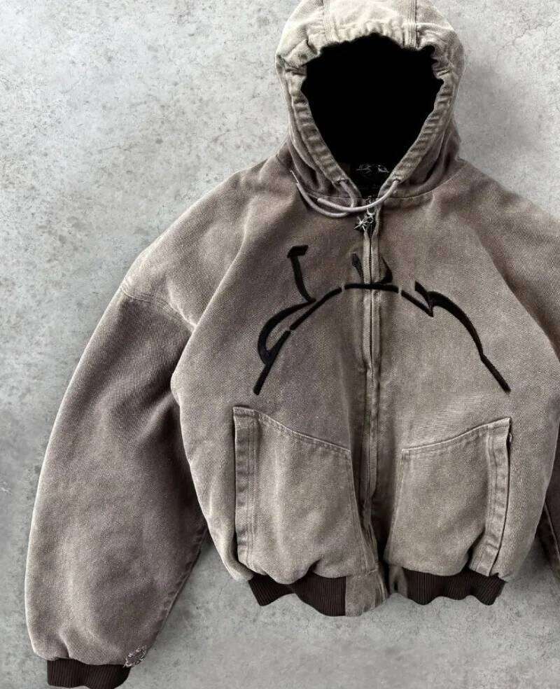 Y2K American High Street Washing Zipper Sweater New Retro Harajuku Fashion Loose Hooded Top Clothing for Men and Women Z260315