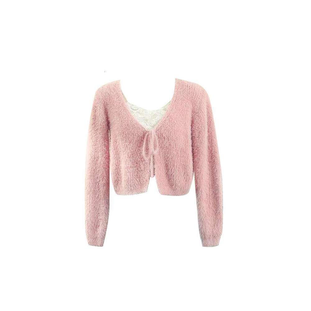 Women Lace Up V-neck Plush Knitted Cardigan Autumn Winter New Korean Version Sweet Versatile Look Thin Sweater Long Sleeve Top Z260313