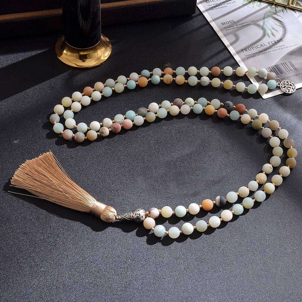 8mm Natural Mattle Amazonite Beaded Knotted 108 Mala Necklace Meditation Yoga Prayer Japamala Rosary For Men and Women H260312