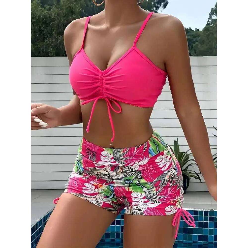Tropical Leaf Print V-Neck High Waist Bikini Set Two Piece Swimsuits Women's Swimwear and Clothing biquinis mujer Y260303