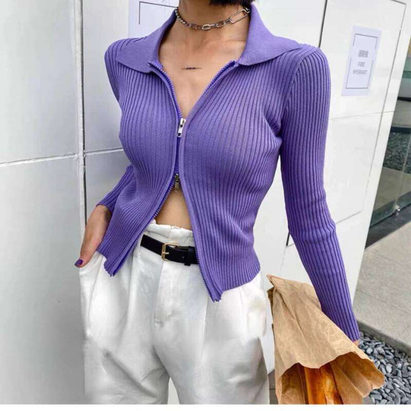 Autumn Knitted Cropped Cardigan Double Zippers Slim Korean Short Cardigans WomenWomen's Sweater Jacket Long Sleeve Tight Solid Z260313