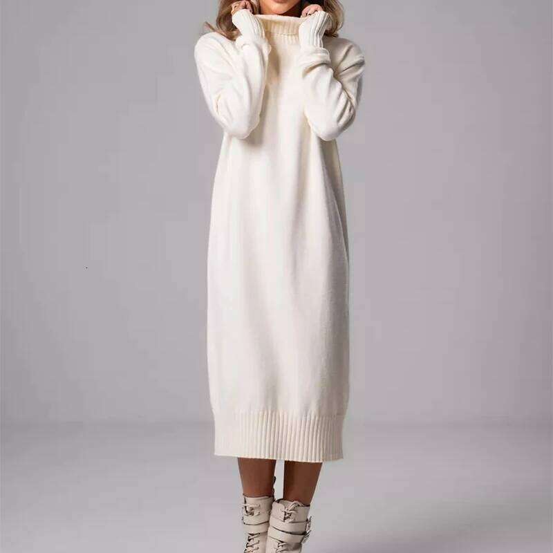 Ribbed Turtleneck Knitted Women Autumn Winter Basic Sleeve Sweater Dress Woman Solid Color Long Dresses Female Z260313