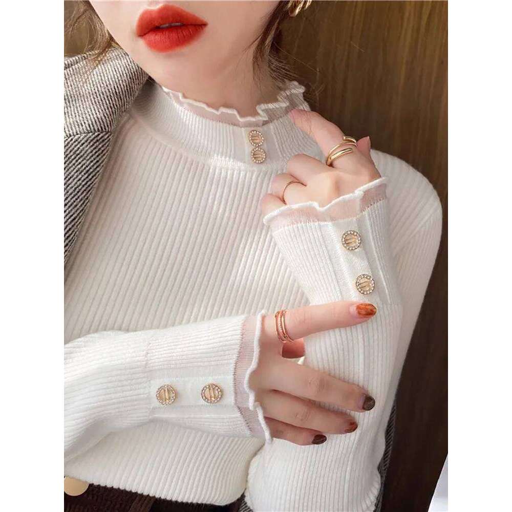 2025 Knitted Women Sweater O-neck Button Pullovers Autumn Winter Basic Sweaters for Female Pullover Slim Solid Bold Lace Tops Z260313