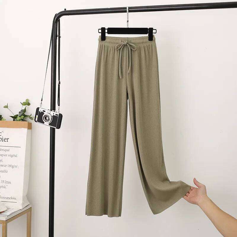 New Women Ankle-Length Wide Leg Casual Solid Elastic Waist Loose Ice Silk Pants Spring Summer Female Trousers