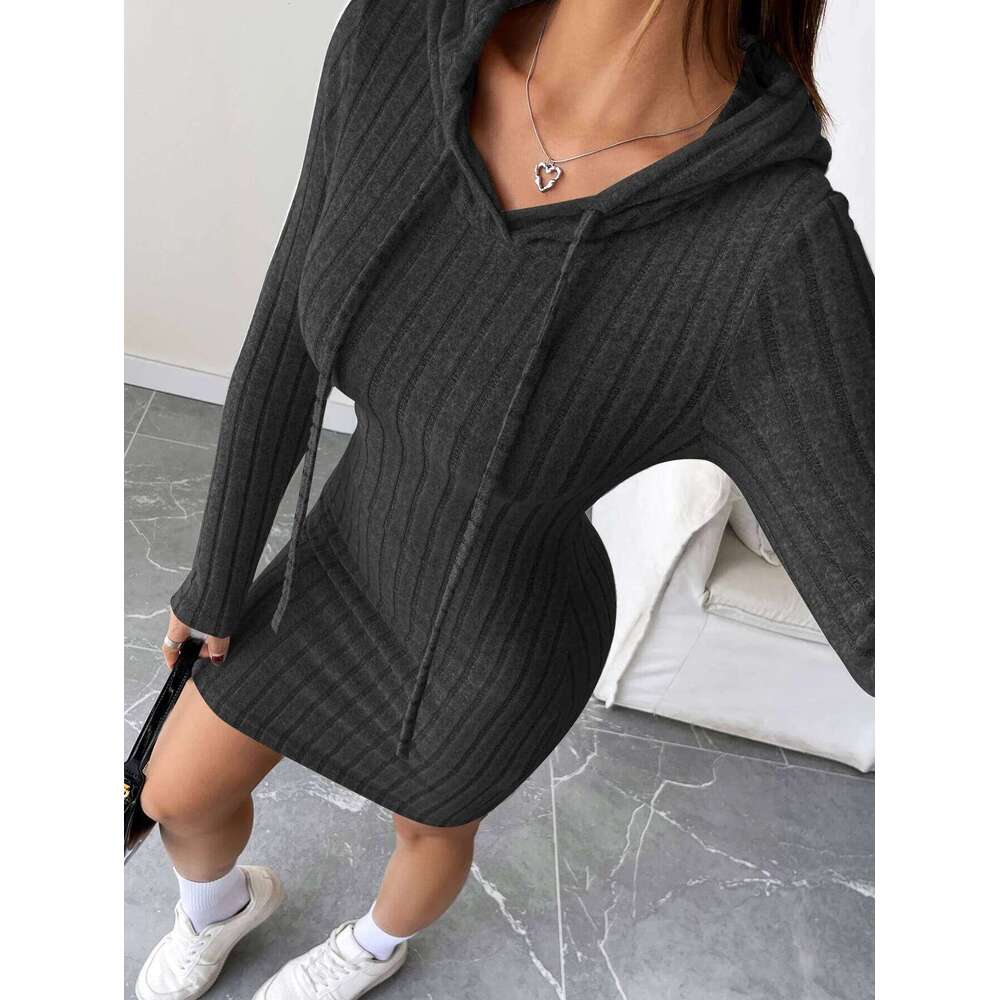 Trendy Ribbed Knitted Hooded Slim Fit Dress with Drawstring - Comfortable Casual Style for Women Z260313