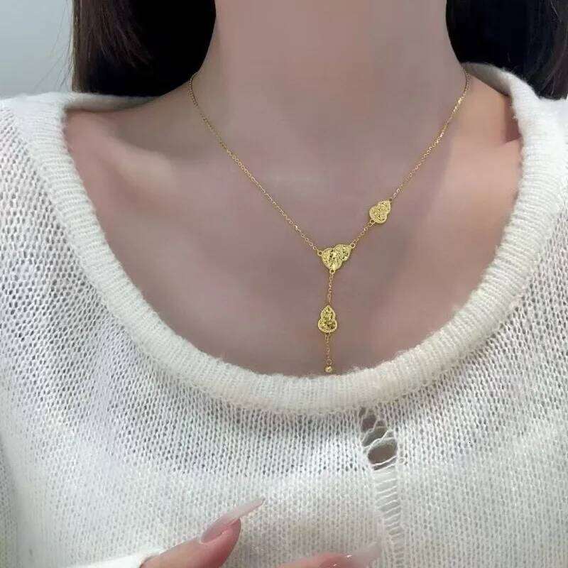 Yellow-gold crushed ice gourd fringed necklace female Fulu fish scale fashion pendant high-end autumn and winter collarbone H260312