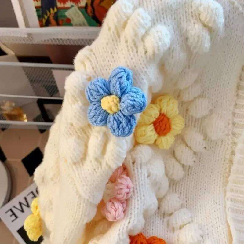 Kawaii 3D Flower Embroidery Knitted Cardigan Women Long Sleeves Single Braested Contrast Color Sweater 2024 Autumn Z260313